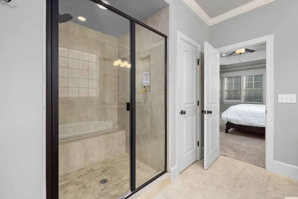 Shower glass matte black hardware modern bathroom Surrey White Rock Langley BC