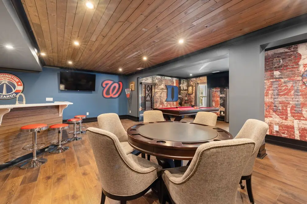 Basement renovation modern family room LVP Surrey White Rock Langley BC