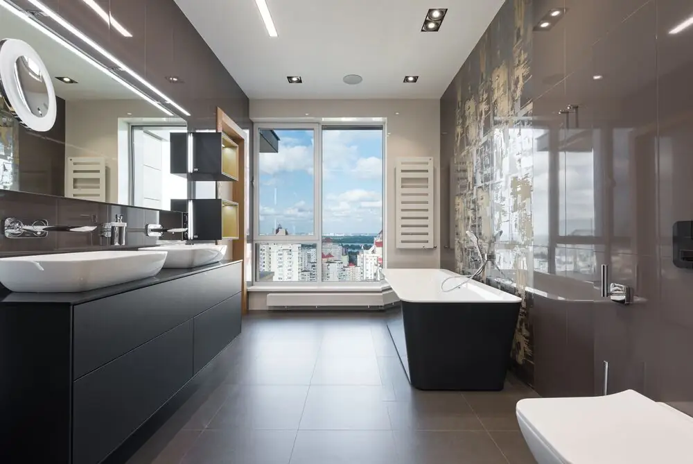 Large format porcelain tile bathroom floor renovation Surrey White Rock Langley BC