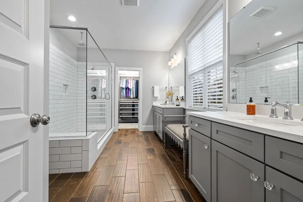 Master ensuite bathroom modern double vanity curbless shower Surrey White Rock Langley