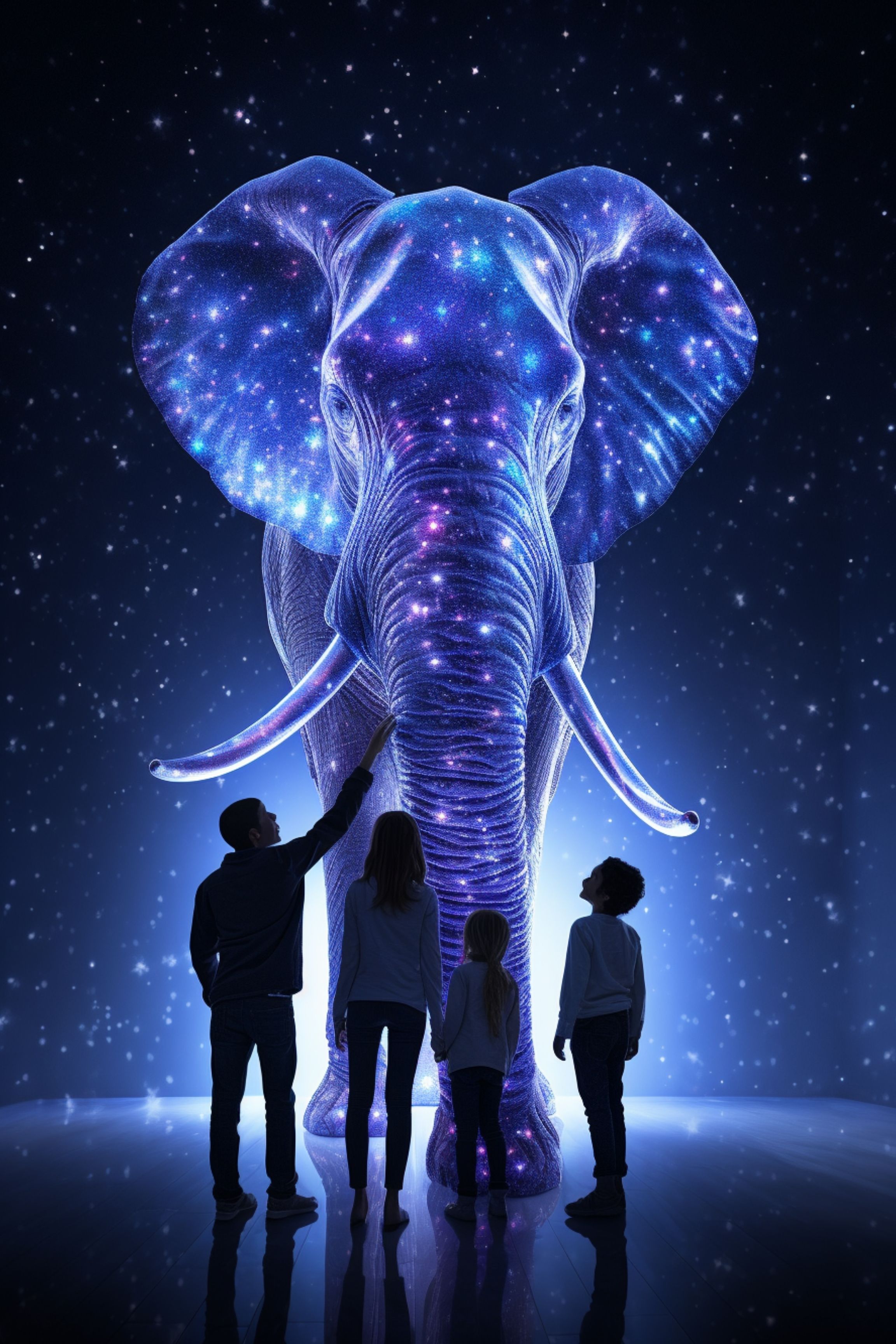 A family interacting with an elephant in The Unreal Garden