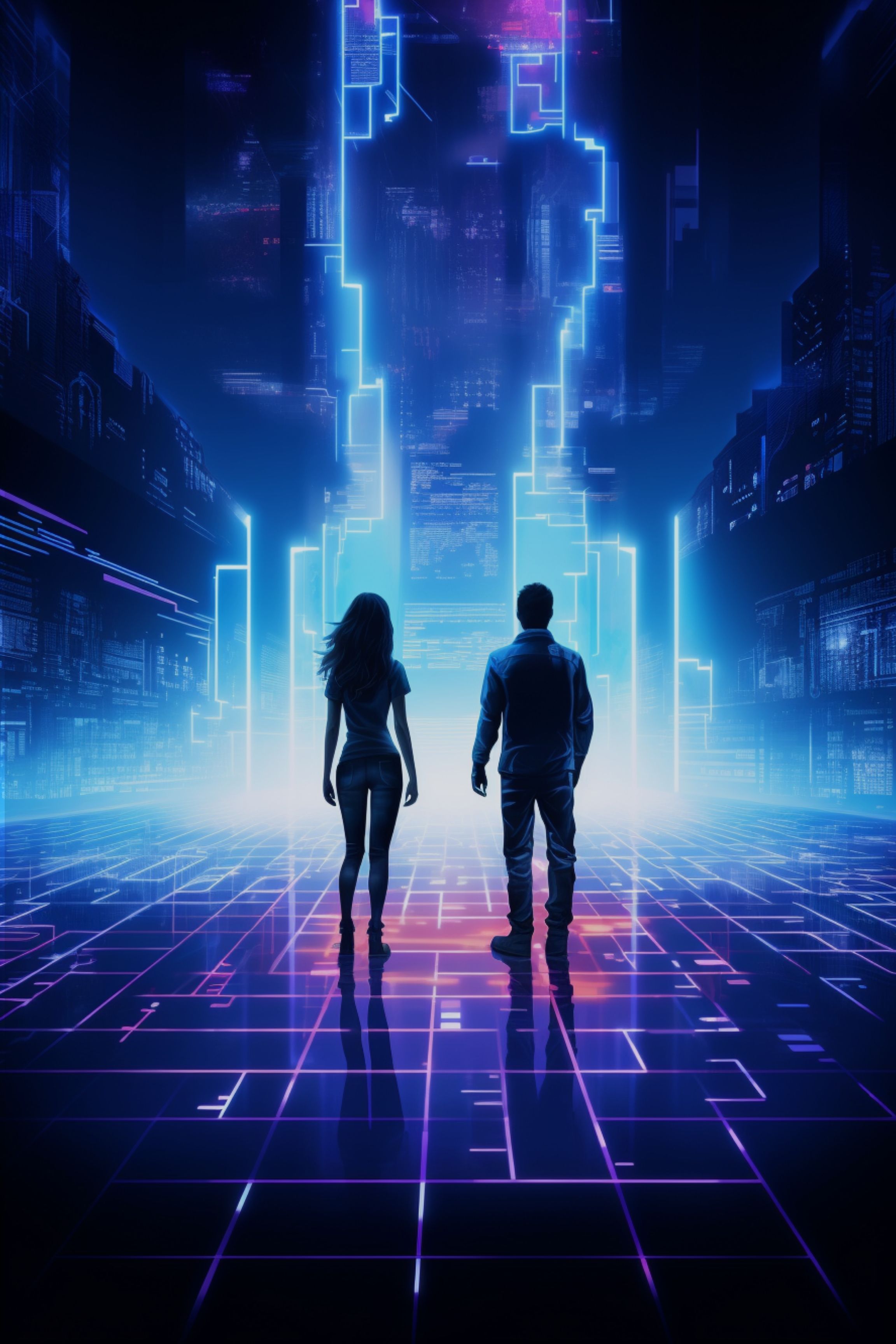 Two people walking through Art of the Future at Verse Immersive