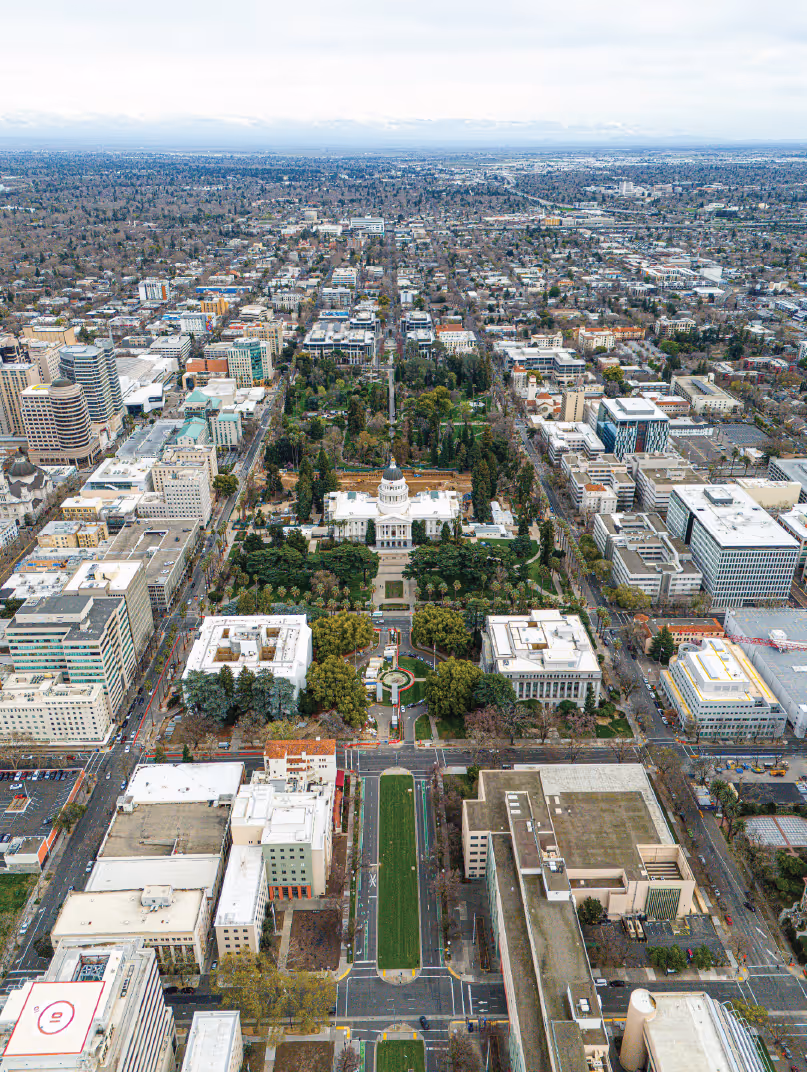 Aerial view of downtown Sacramento with the California State Capitol
