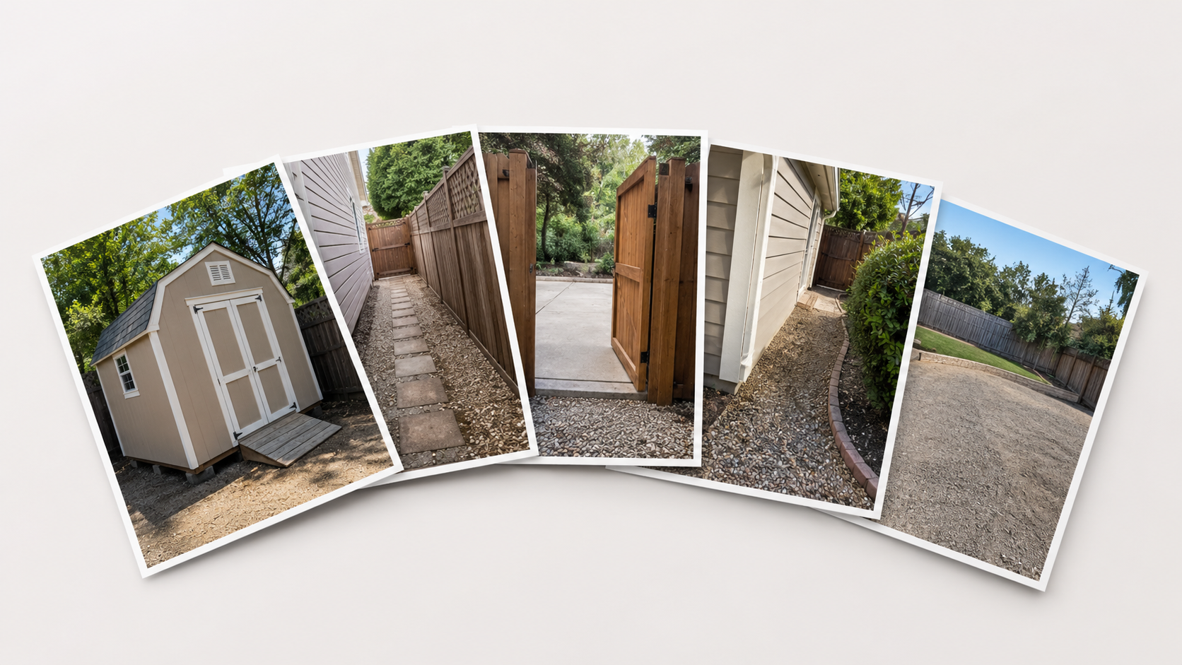 Collection of photos showing a storage shed, narrow side yard access, gate opening, and destination area for a shed moving estimate