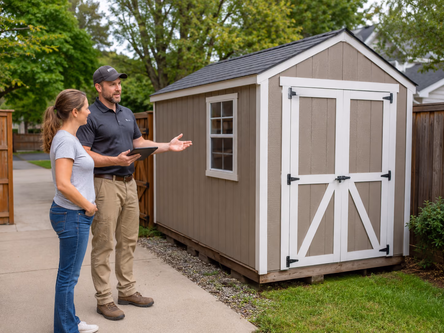 Homeowner talking with a shed moving professional during an on-site shed consultation