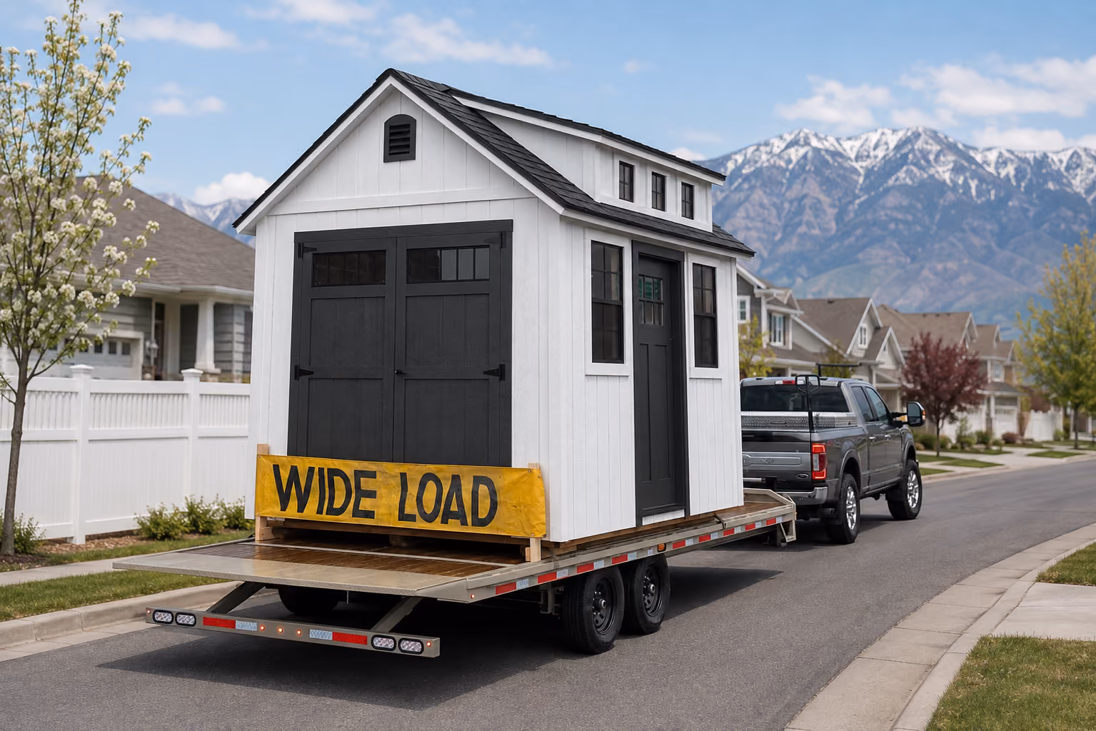 Truck and trailer hauling a storage shed through a suburban Utah neighborhood