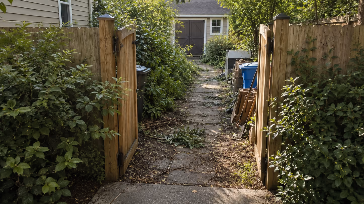 Prepared shed site with a level gravel pad inside a fenced backyard, ready for a new shed installation