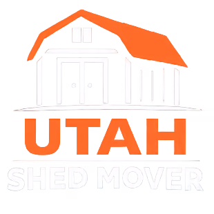 White and orange Utah Shed Mover logo featuring a barn-style storage shed above the words “Utah Shed Mover.”