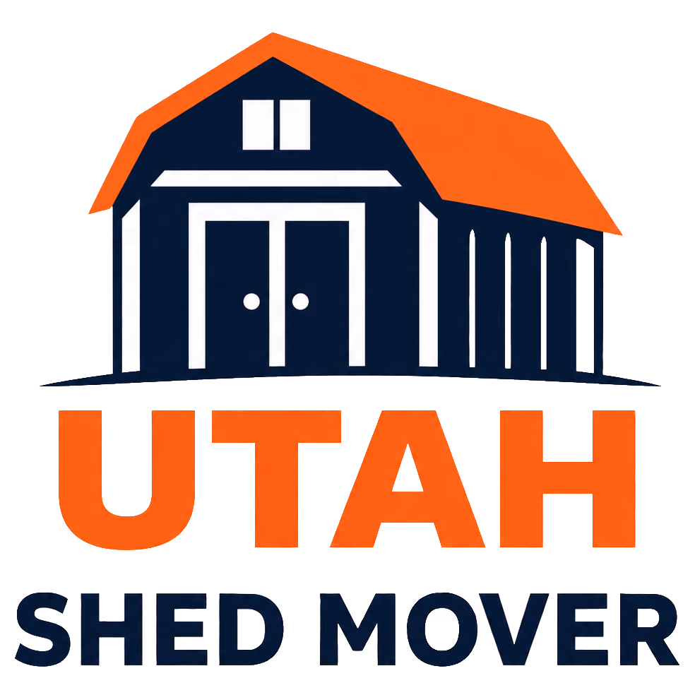 Orange and navy Utah Shed Mover logo featuring a barn-style storage shed above the words “Utah Shed Mover.”