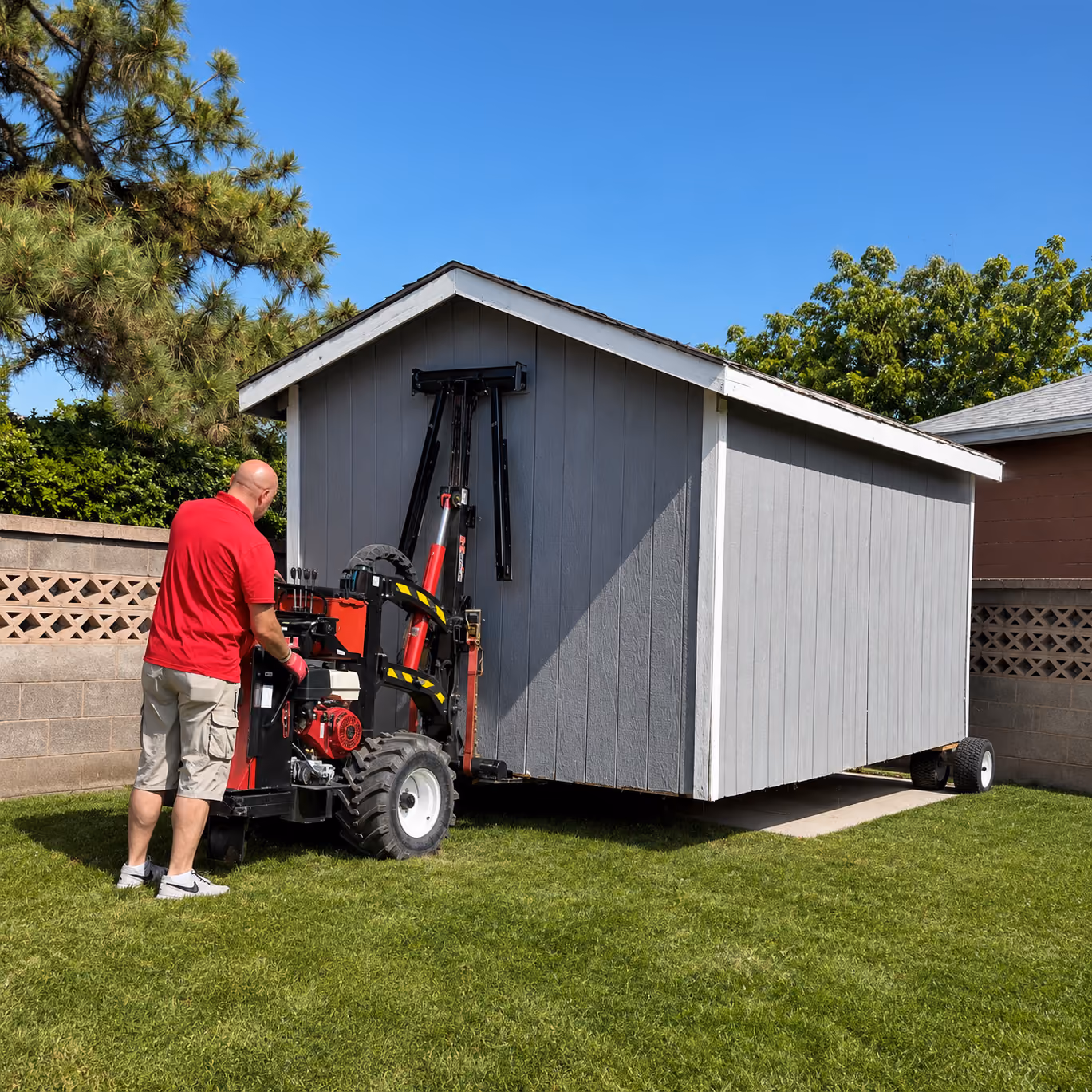 Gray storage shed being moved across a gravel lot with a shed mule in rural Utah.