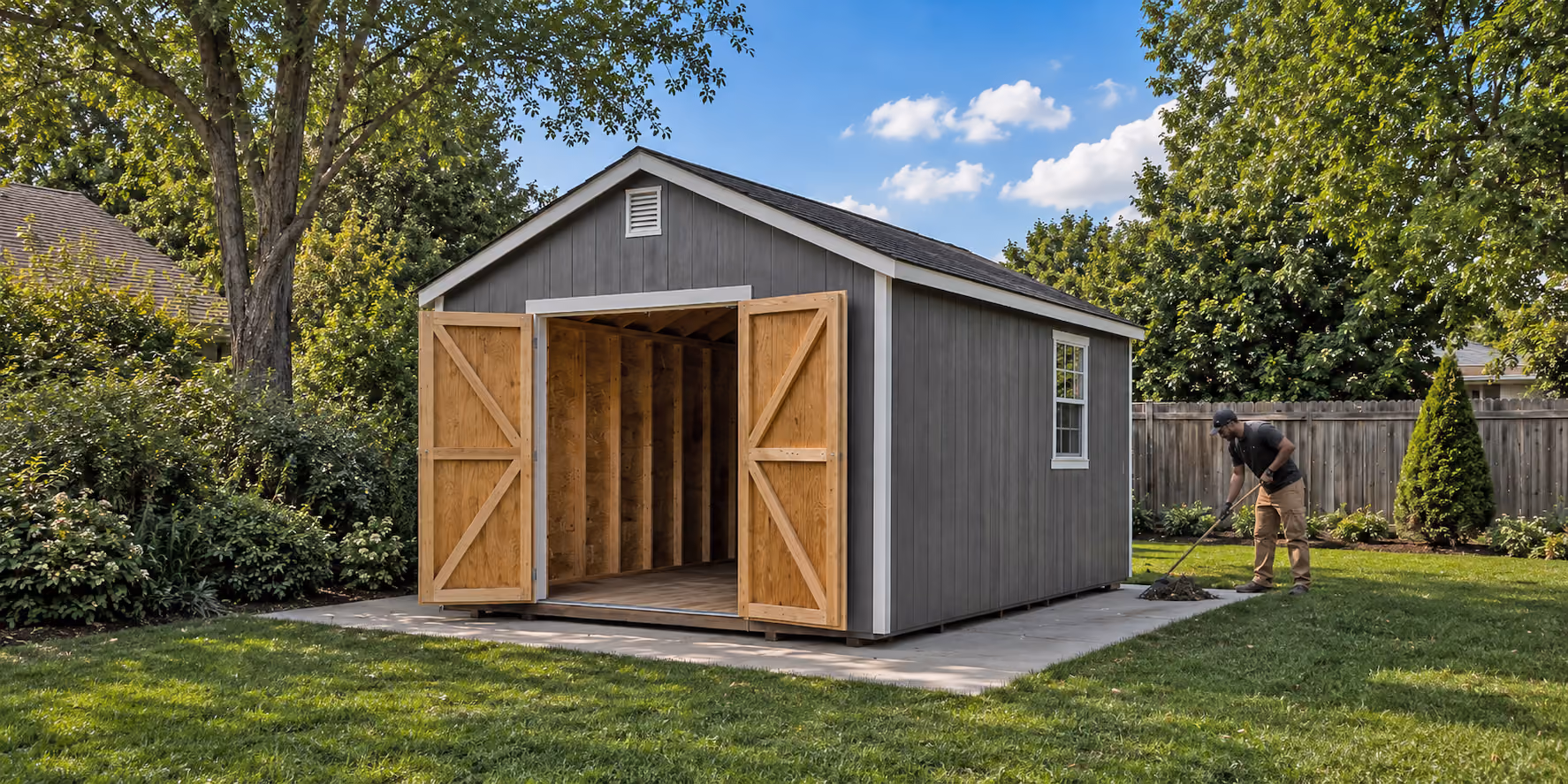 Empty storage shed with open doors as a person rakes yard debris from the concrete pad and surrounding lawn.