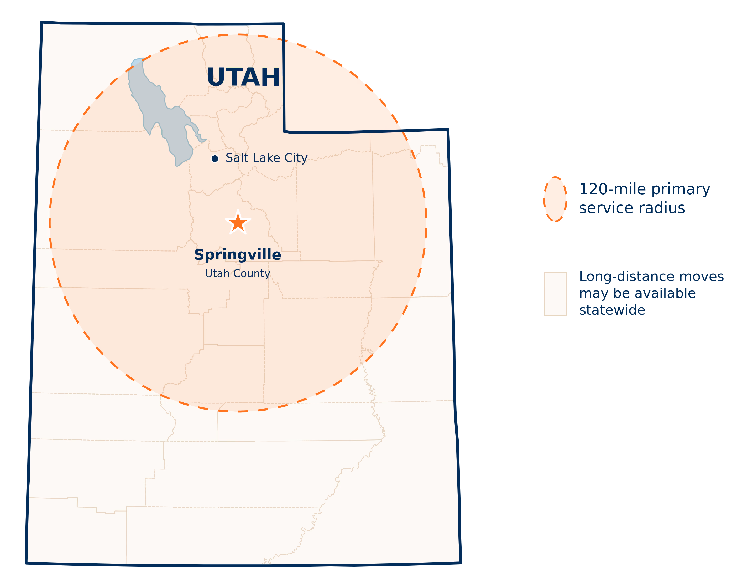 Utah Shed Mover’s 120-mile service area centered on Springville, Utah.