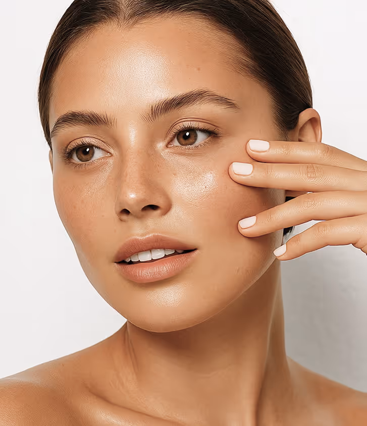 A woman showcasing glowing skin, representing personalized beauty and wellness treatments at Natural Beauty by Helen in Twickenham.