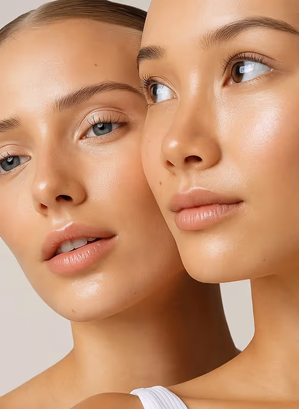 Two women showcasing radiant skin and natural beauty, representing wellness treatments at Natural Beauty by Helen in Twickenham.
