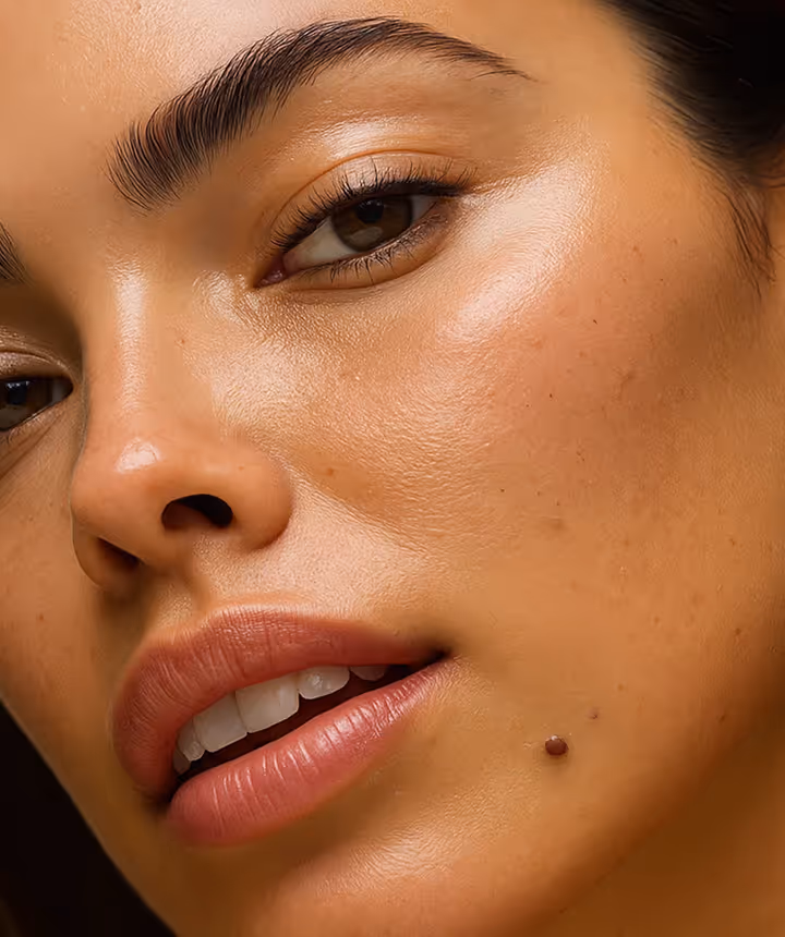 Close-up of a woman's face showcasing healthy skin, highlighting beauty and wellness treatments available at Natural Beauty by Helen.