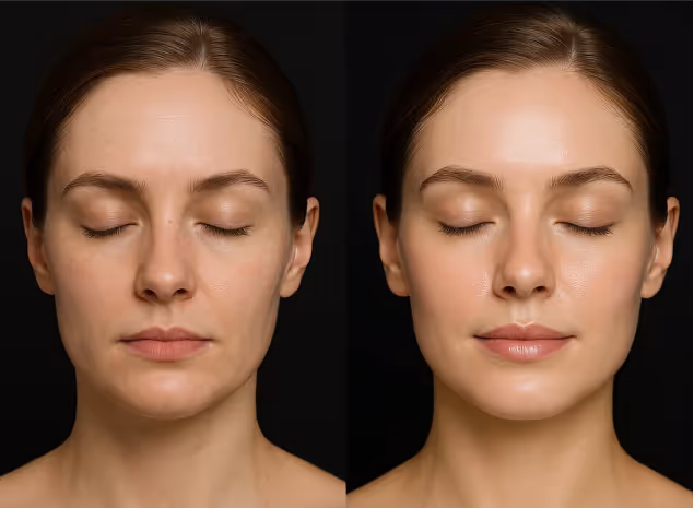 Before and after beauty treatment showcasing radiant skin, reflecting personalized care at Natural Beauty by Helen in Twickenham.