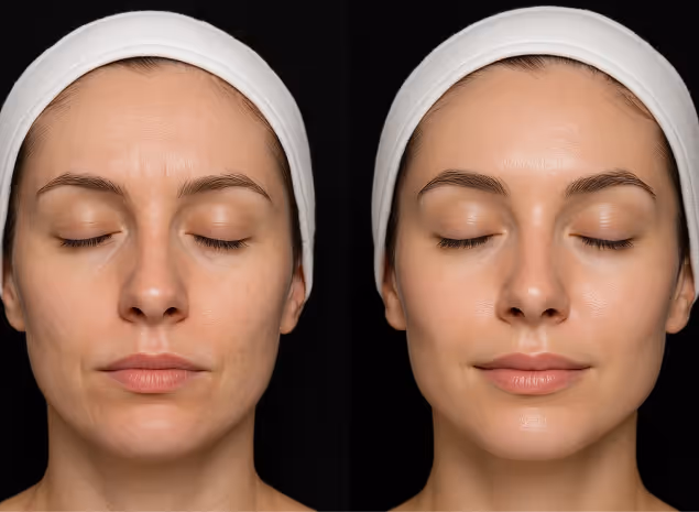 Before and after facial treatment showcasing glowing skin and rejuvenation at Natural Beauty by Helen in Twickenham.
