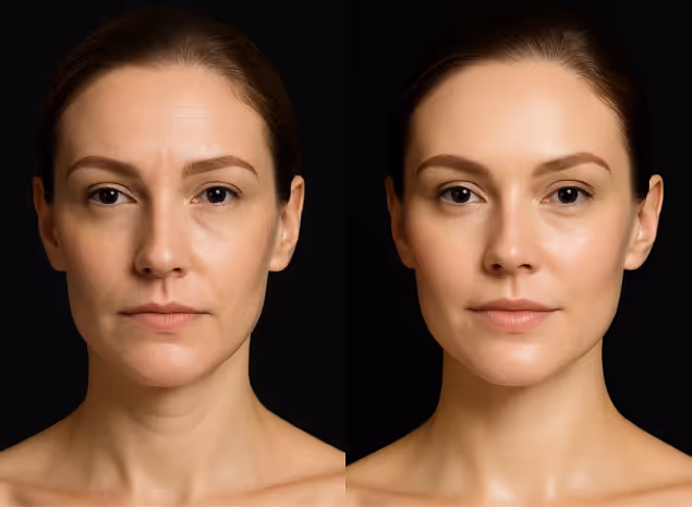 Before and after beauty treatment showcasing skin rejuvenation at Natural Beauty by Helen, Twickenham's independent clinic.