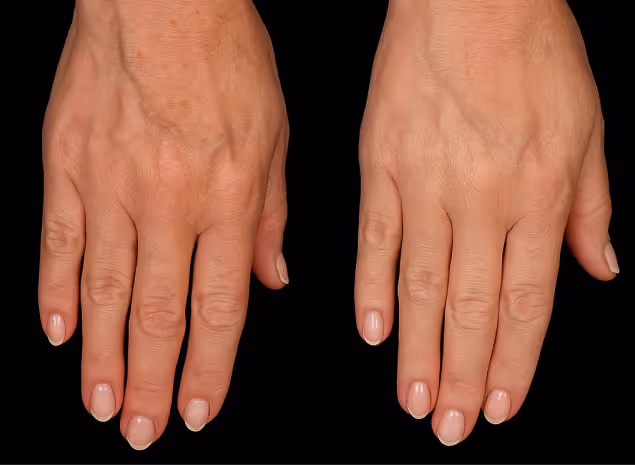 Before and after comparison of hands showcasing natural beauty treatments offered at Natural Beauty by Helen in Twickenham.