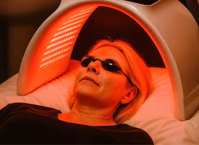 Woman receiving a personalized beauty treatment under red light therapy at Natural Beauty by Helen in Twickenham, London.