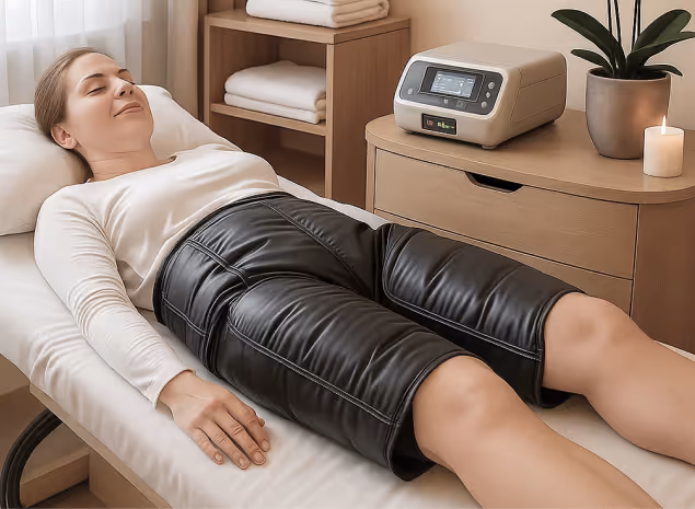 A woman receiving compression therapy treatment at a beauty and wellness clinic in Twickenham, London, promoting natural beauty.