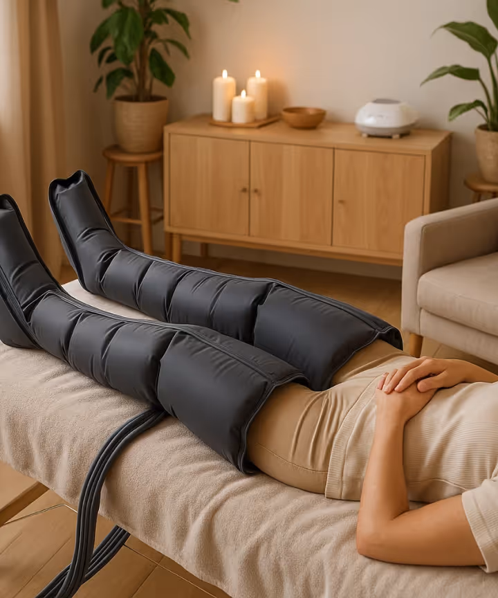 Client receiving compression therapy treatment at Natural Beauty by Helen clinic in Twickenham, London for wellness and relaxation.