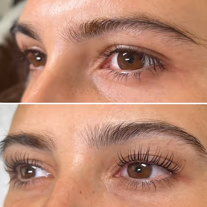 Before and after of enhanced lashes highlighting Natural Beauty by Helen's personalized eye treatments in Twickenham, London.