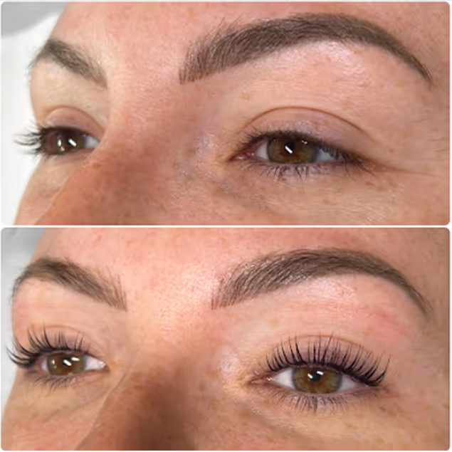 Before and after lash and eyebrow treatment showing enhanced definition and elegance at Natural Beauty by Helen in Twickenham.