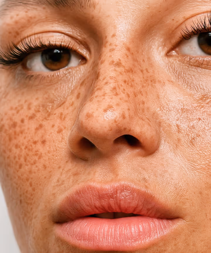 Close-up of a person’s face showcasing natural freckles and healthy skin, highlighting personalized beauty and skincare services.