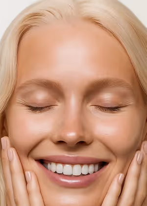 Smiling woman with glowing skin, enjoying personalized beauty and wellness treatments at Natural Beauty by Helen in Twickenham.