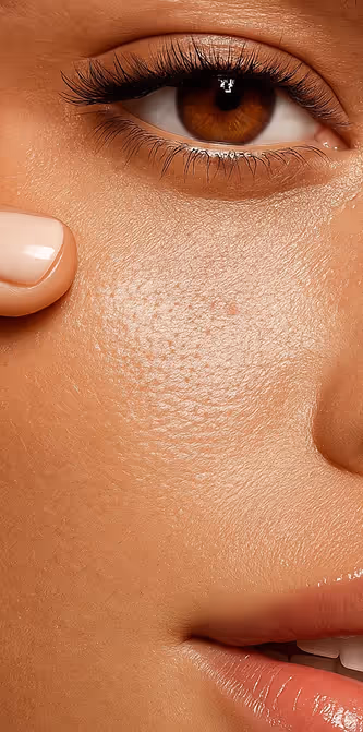 Close-up of a woman's glowing skin, highlighting personalized skincare treatments at Natural Beauty by Helen in Twickenham, London.