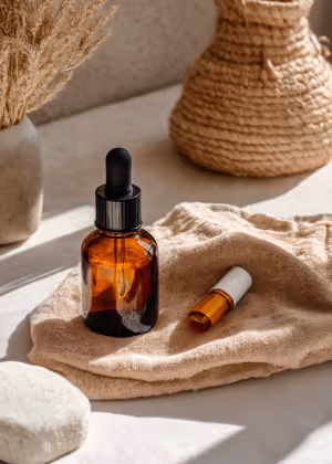 Natural beauty products displayed on a soft towel, symbolizing personalized wellness treatments offered in Twickenham, London.