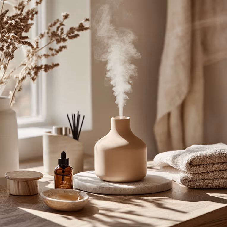 A serene spa setting with a diffuser, essential oils, and soft textiles, embodying wellness and natural beauty treatments in Twickenham.