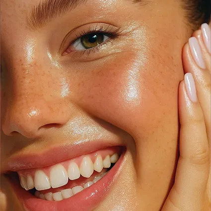 Radiant smile showcasing healthy skin, embodying Natural Beauty by Helen's personalized wellness and beauty treatments in Twickenham.