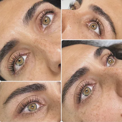 Close-up of beautifully enhanced eyes showcasing lash treatments at Natural Beauty by Helen, a wellness clinic in Twickenham, London.