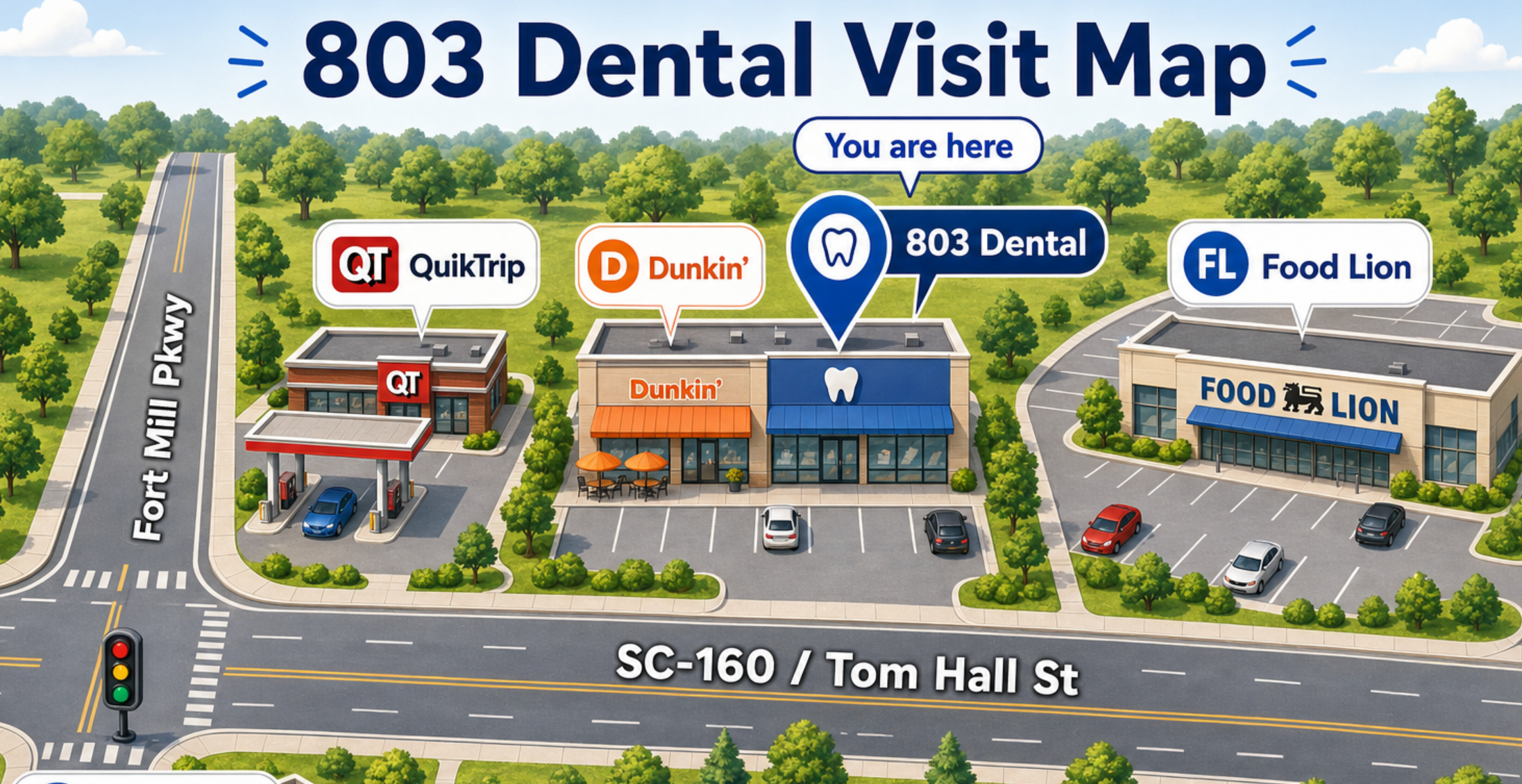 Illustrated visit map for 803 Dental near SC-160, Tom Hall St, Fort Mill Pkwy, QuikTrip, Dunkin, and Food Lion