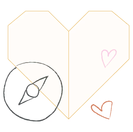 Image is of an origami heart with hand drawn compass and hearts. This represents our service - strategy and support.