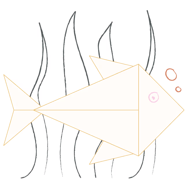 Image is of an origami fish with hand drawn bubbles and seaweed.