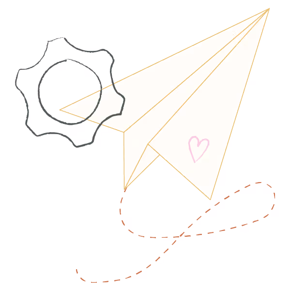 Image is of a completed paper plane in flight with a hand drawn doodle of a cog wheel. This represents step 4 of our process - launch and support.