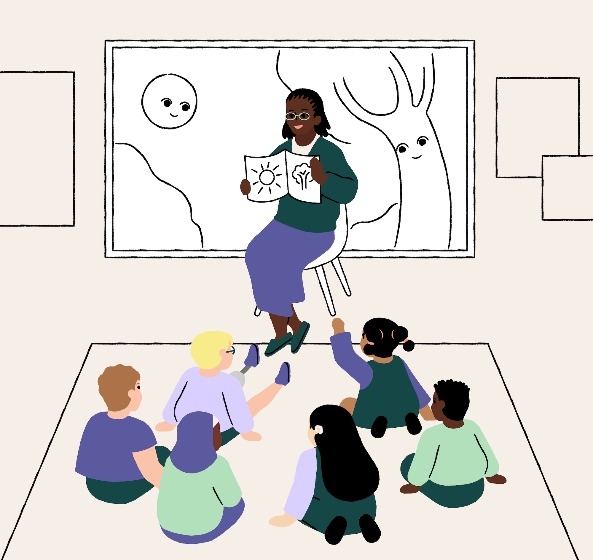 Illustration of teacher reading a story to classroom