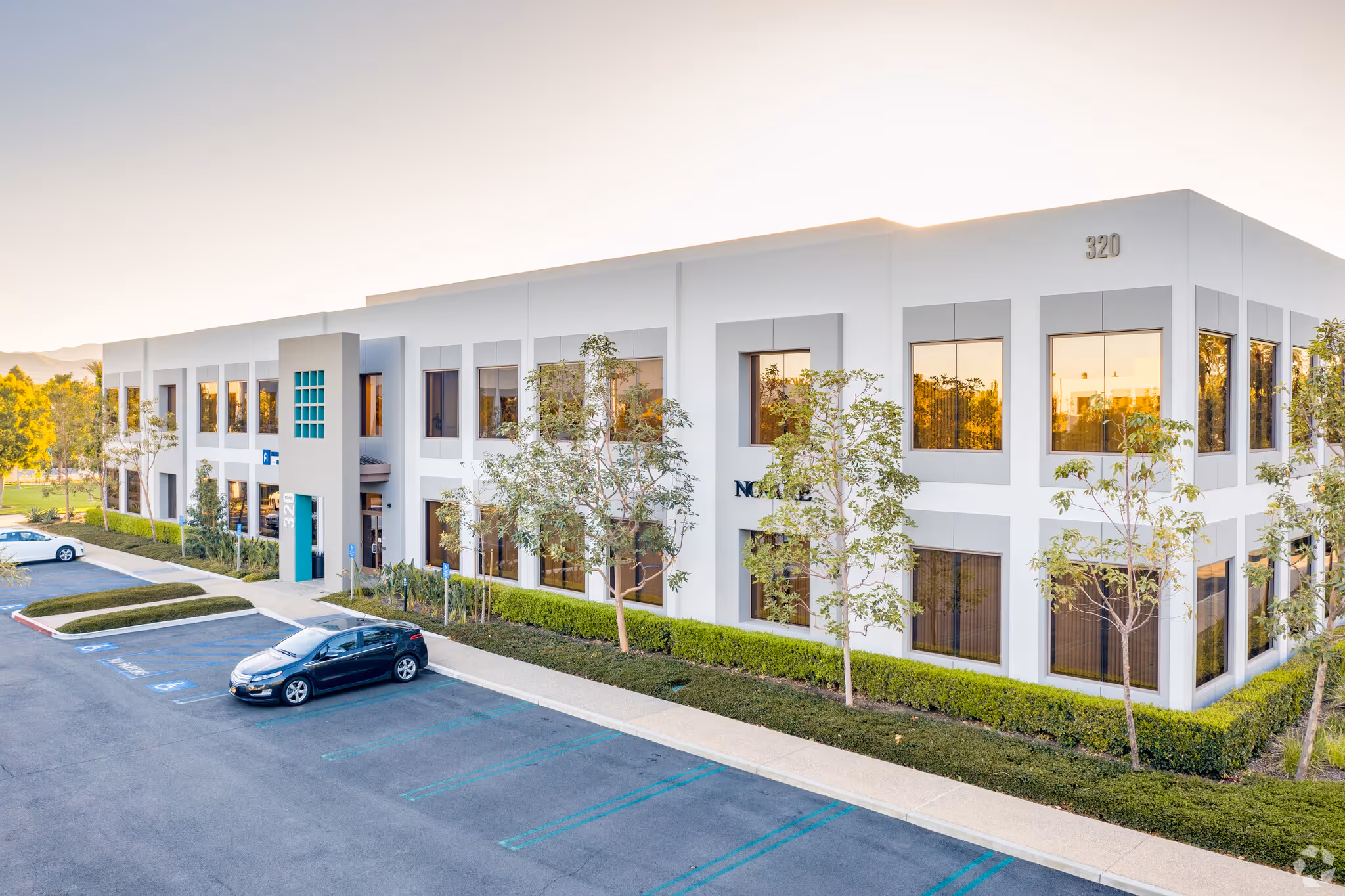 Exterior view of a modern ActionLife office building with landscaped surroundings and large windows.
