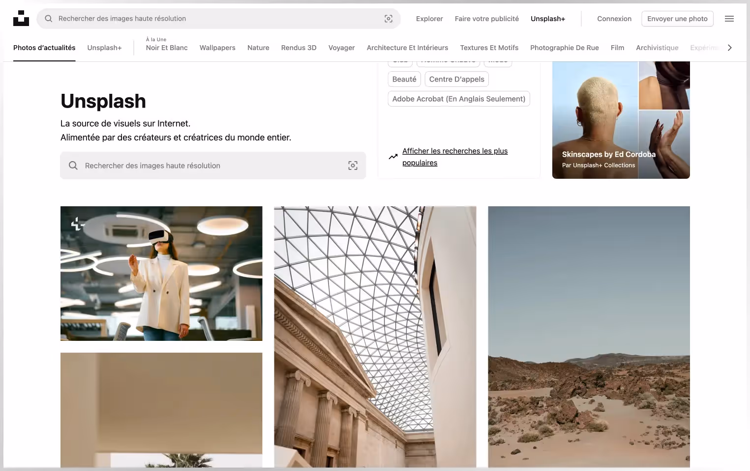 Page d'accueil de unsplash pour présenter une banque d'image