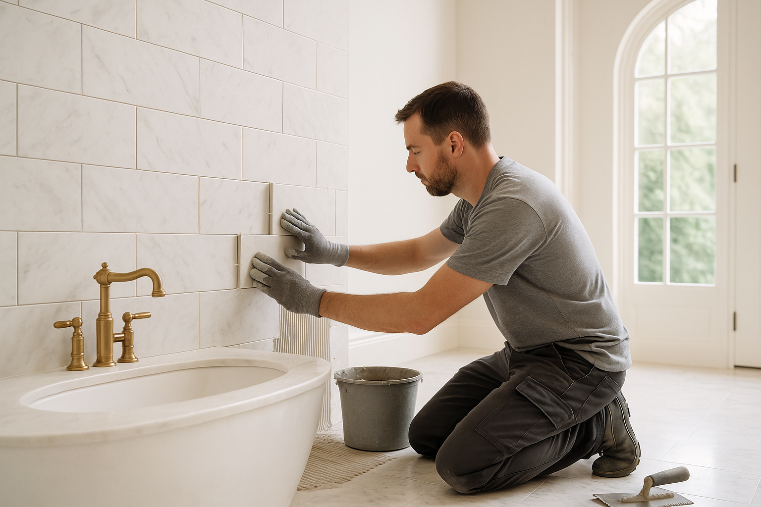 Professional tile installer carefully placing subway tiles with precision