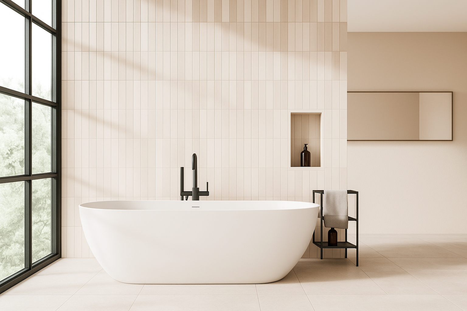 A sleek, minimalist bathroom with a freestanding white bathtub. The walls are tiled with long, narrow, light-colored tiles, and the floor is a matching, lighter tone. A large window with black frames is on the left. A matte black faucet is mounted on the wall. A small black shelf holds a towel and a bottle, and a long horizontal mirror hangs on the opposite wall.