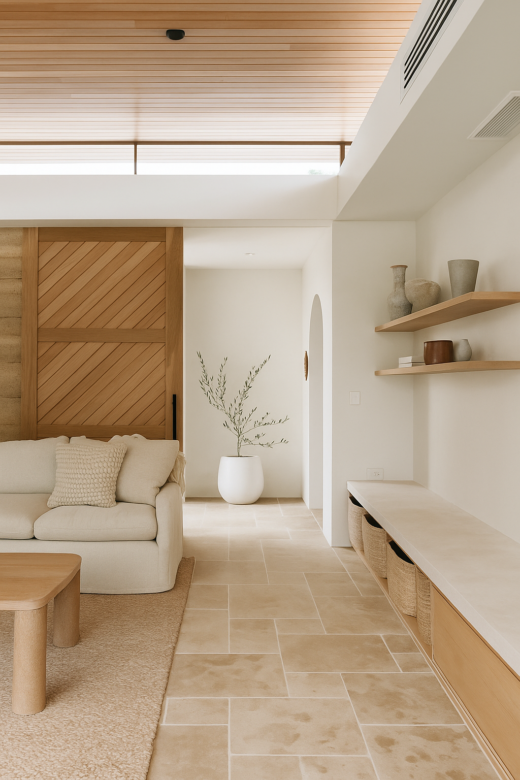 A clean, modern living space with a neutral color palette. The room features a light-colored couch, a small wooden coffee table, and a beige rug. The floor is covered in large, light-toned tiles. On the right, floating wooden shelves hold minimalist vases, and a built-in bench with woven baskets provides storage. A wooden slatted door and a plant in a white pot are visible in the background. The ceiling is a mix of light wood planks and white.