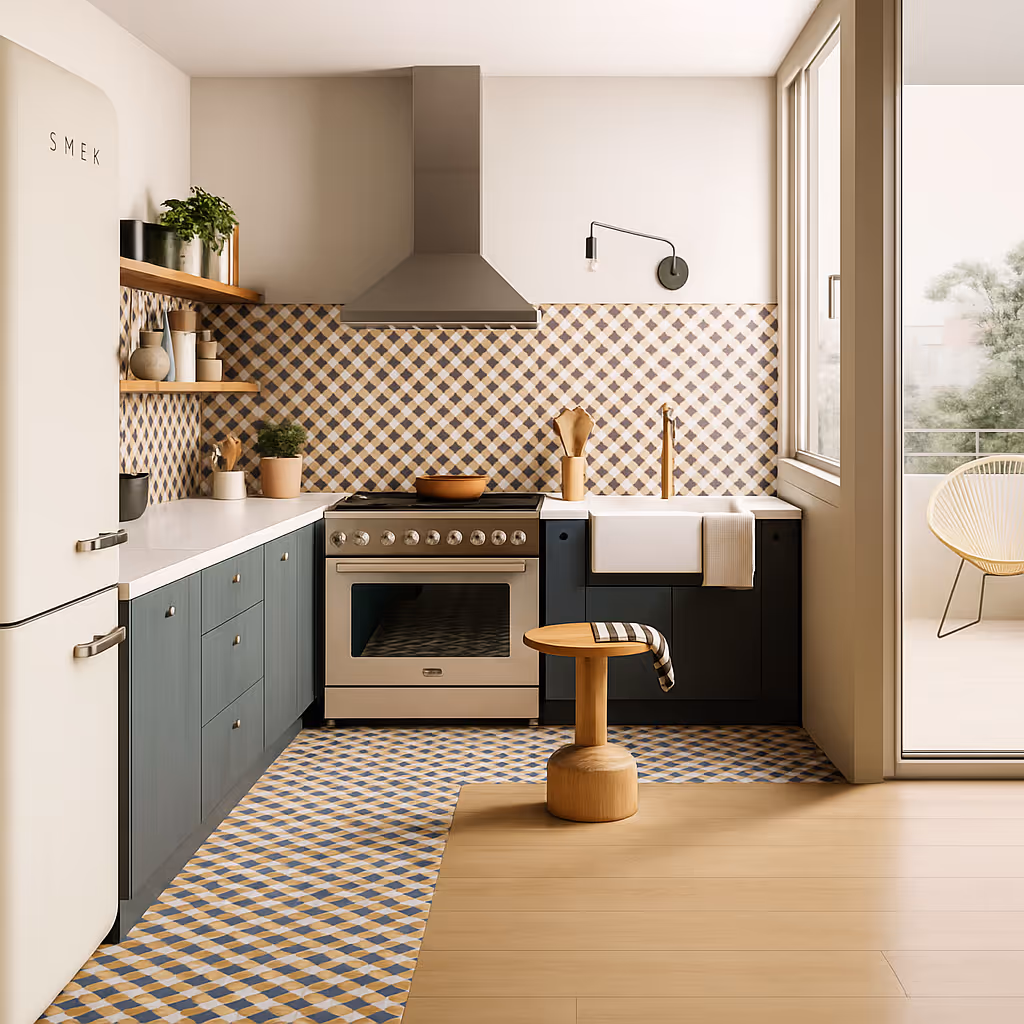 A cozy, retro-inspired kitchen with a blue and yellow diamond-patterned tiled backsplash and floor. A light-colored "SMEG" refrigerator is on the left. The cabinets are a dark, muted blue, topped with a white counter. A stainless steel range and a large range hood are centered. A farmhouse sink is visible on the right. A small wooden stool with a striped towel sits in the middle. The floor transitions to light wood planks near a door leading to a balcony.
