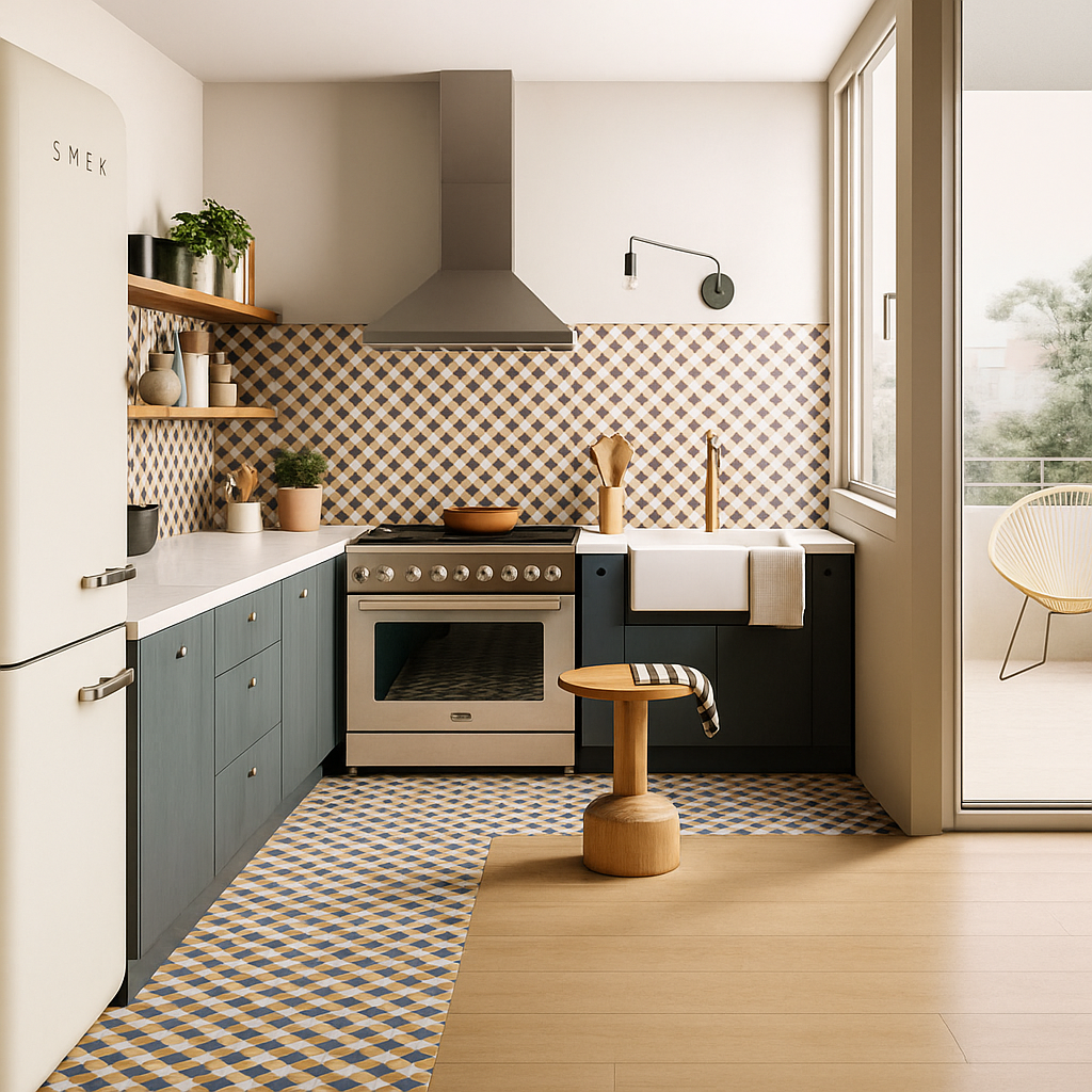 A cozy, retro-inspired kitchen with a blue and yellow diamond-patterned tiled backsplash and floor. A light-colored "SMEG" refrigerator is on the left. The cabinets are a dark, muted blue, topped with a white counter. A stainless steel range and a large range hood are centered. A farmhouse sink is visible on the right. A small wooden stool with a striped towel sits in the middle. The floor transitions to light wood planks near a door leading to a balcony.