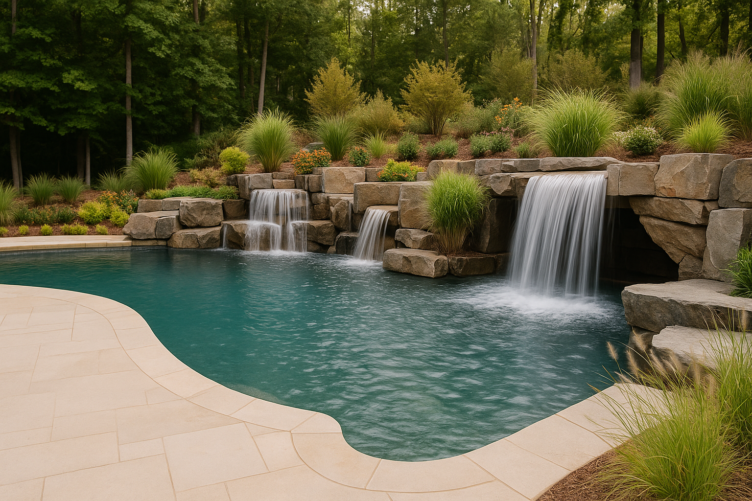A custom-designed swimming pool with a unique, curvy edge. The pool is surrounded by light-colored paving stones. On one side, there's a rock wall with three separate waterfalls cascading into the water. The rock formation is integrated with lush greenery and tall grasses, and a dense forest is visible in the background.