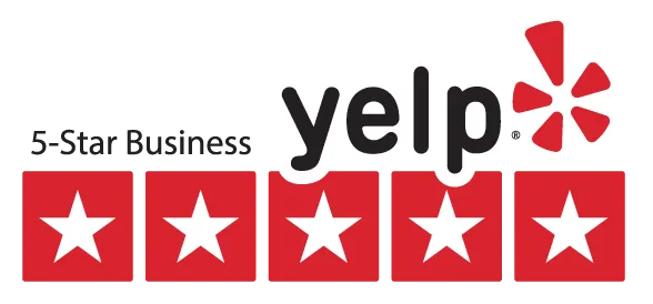 A black background features the Yelp logo in white with a red star icon. Below it, five red squares each contain a white star, indicating a "5-Star Business."
