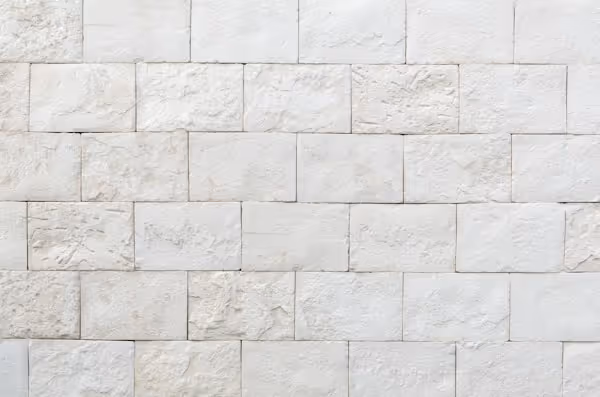 A close-up, straight-on shot of a wall made of light-colored, rectangular stone or tile blocks. The blocks vary slightly in size and texture, creating a rugged and natural-looking surface.